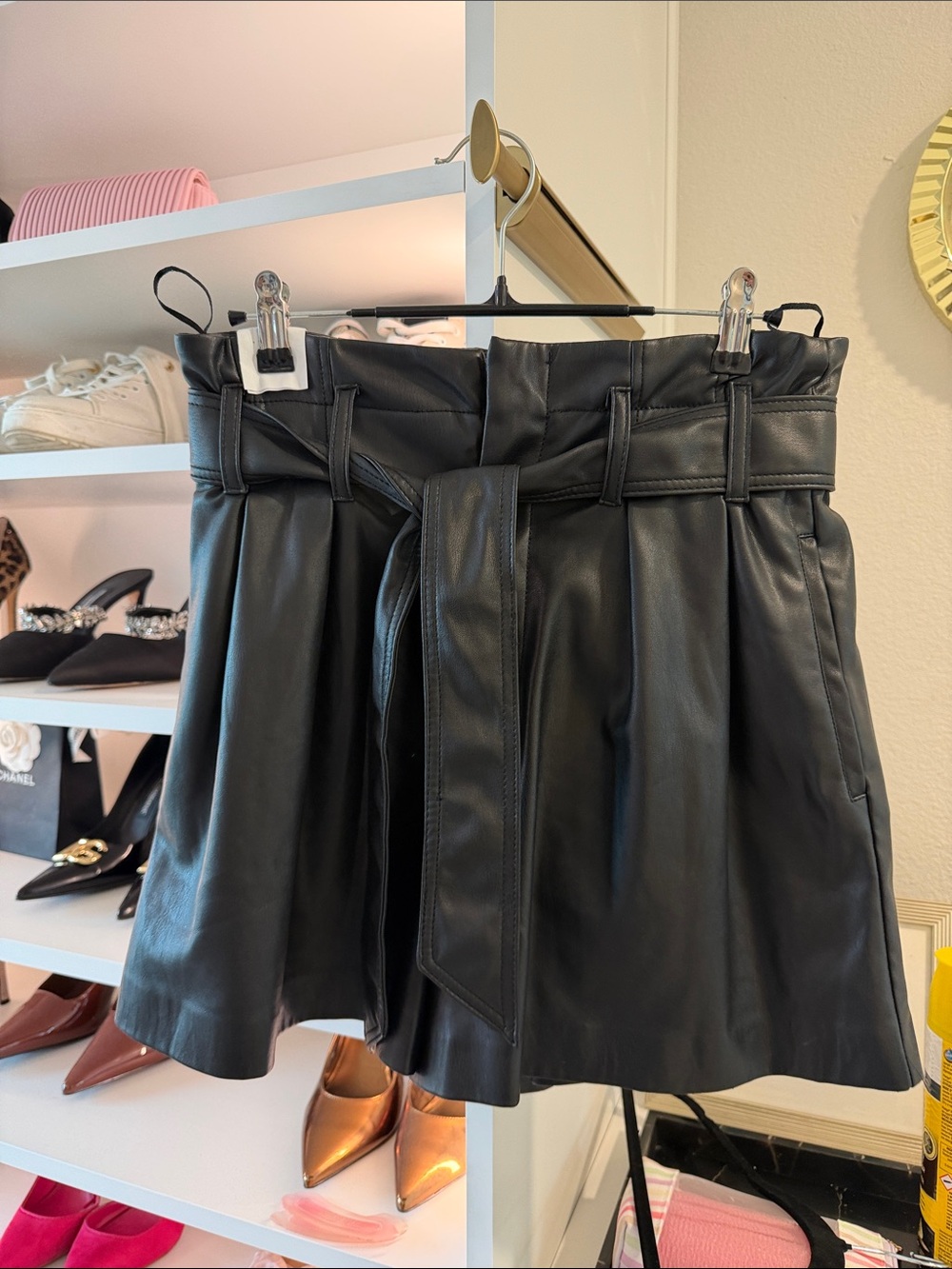 Zara Black Faux Leather A-Line Mini Short with Self-Tie Belt